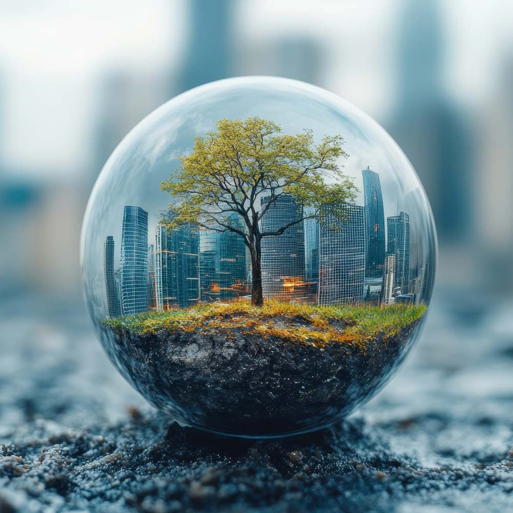 Stadtbild und Baum in einer Glaskugel