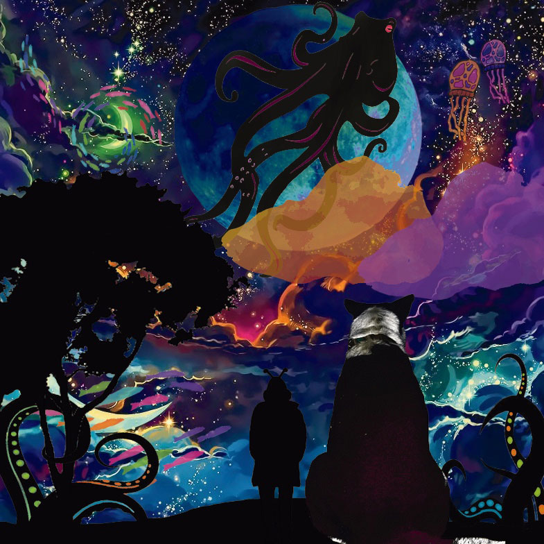 Bunt und düstere Unterwasserwelt mit Galaxieelementen